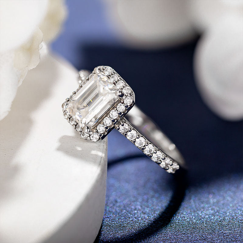 Emerald Cut Half-Eternity Halo Moissanite Ring