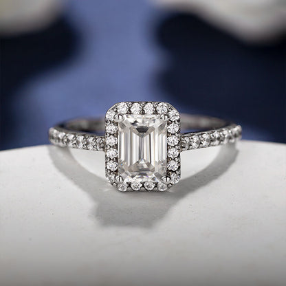 Emerald Cut Half-Eternity Halo Moissanite Ring