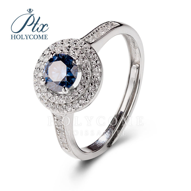 Round Blue Moissanite Half Eternity Halo Adjustable Ring