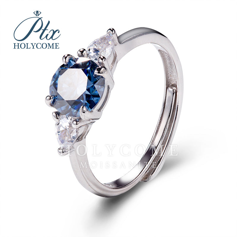 Round Blue Moissanite Adjustable Half Eternity 3-Stone Engagement Ring