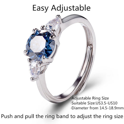 Round Blue Moissanite Adjustable Half Eternity 3-Stone Engagement Ring