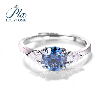 Round Blue Moissanite Adjustable Half Eternity 3-Stone Engagement Ring