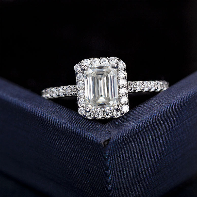 Emerald Cut Half-Eternity Halo Moissanite Ring