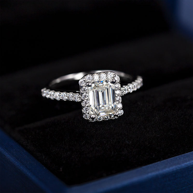 Emerald Cut Half-Eternity Halo Moissanite Ring