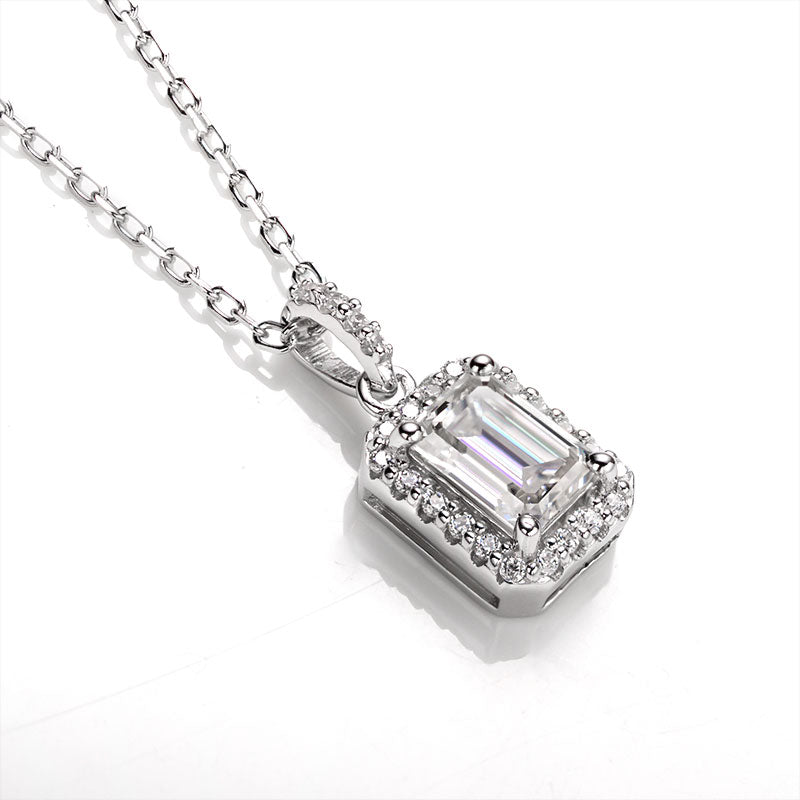 Emerald Cut 1/2CT 925 Sterling Silver Halo Moissanite Pendant Necklace