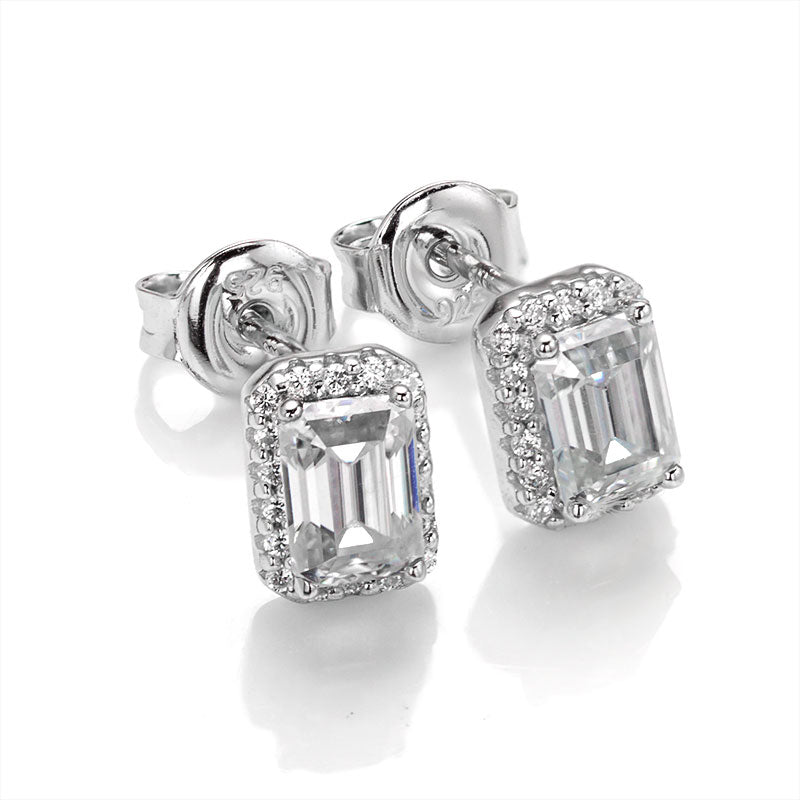 Emerald Cut Moissanite Halo Stud Earrings