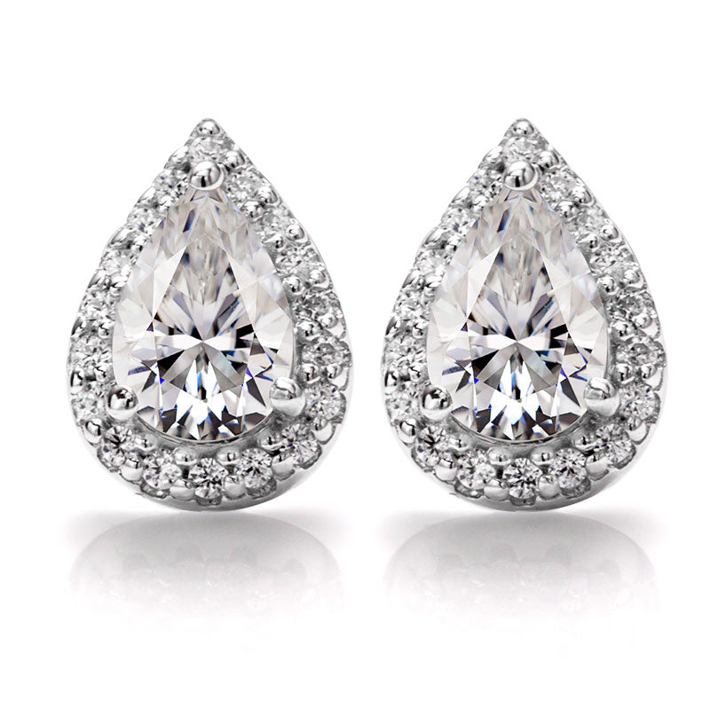 Pear Cut Moissanite Halo Stud Earrings