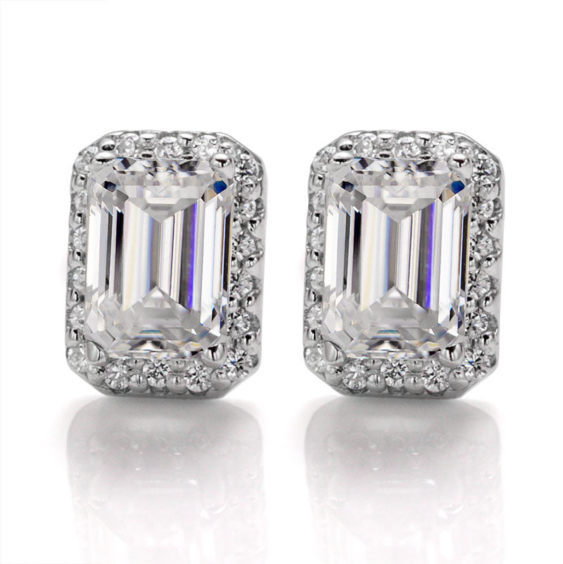 Emerald Cut Moissanite Halo Stud Earrings