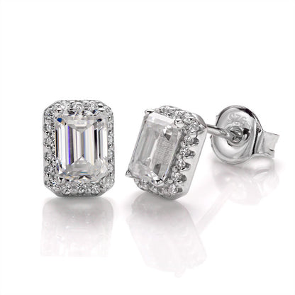 Emerald Cut Moissanite Halo Stud Earrings