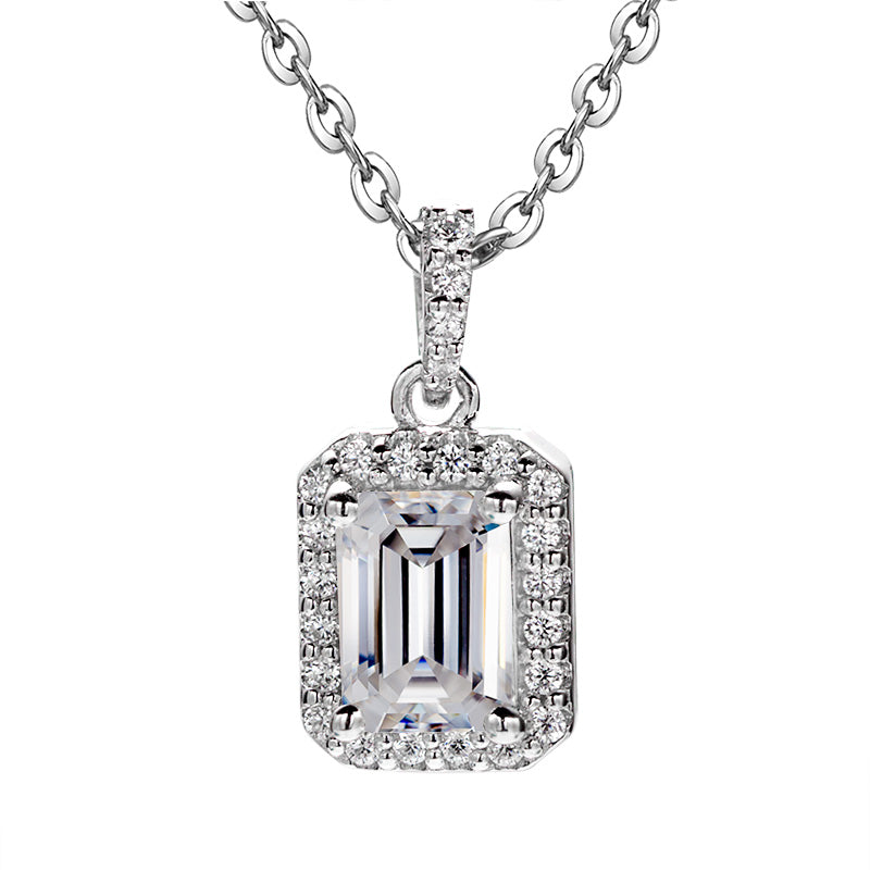 Emerald Cut 1/2CT 925 Sterling Silver Halo Moissanite Pendant Necklace