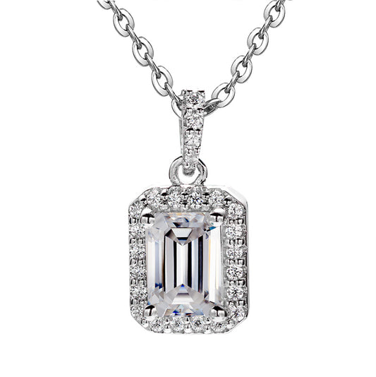 Emerald Cut 1/2CT 925 Sterling Silver Halo Moissanite Pendant Necklace