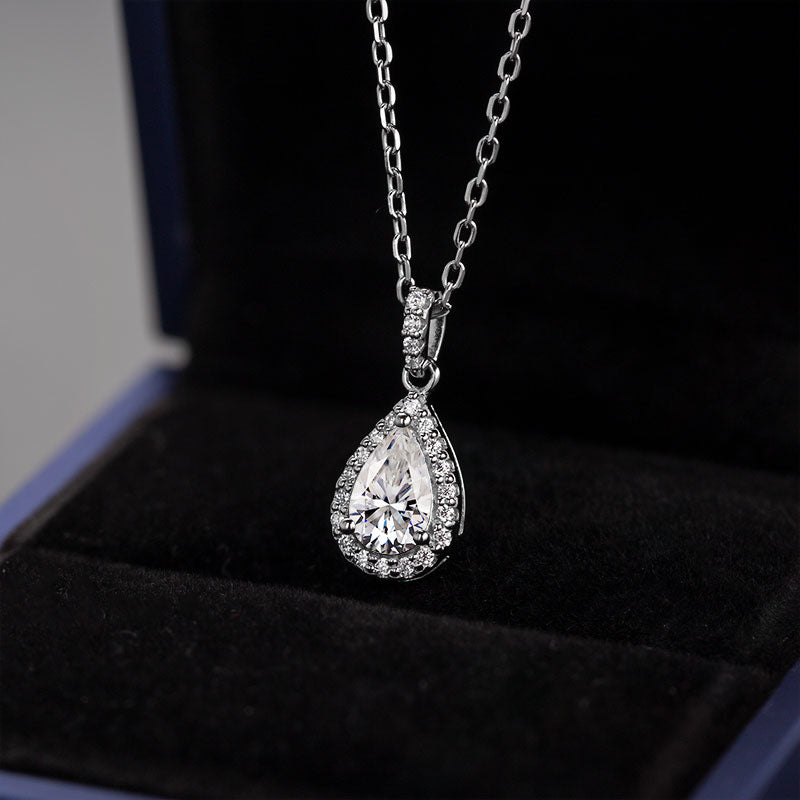 Pear Shape Halo Moissanite Pendant Necklace