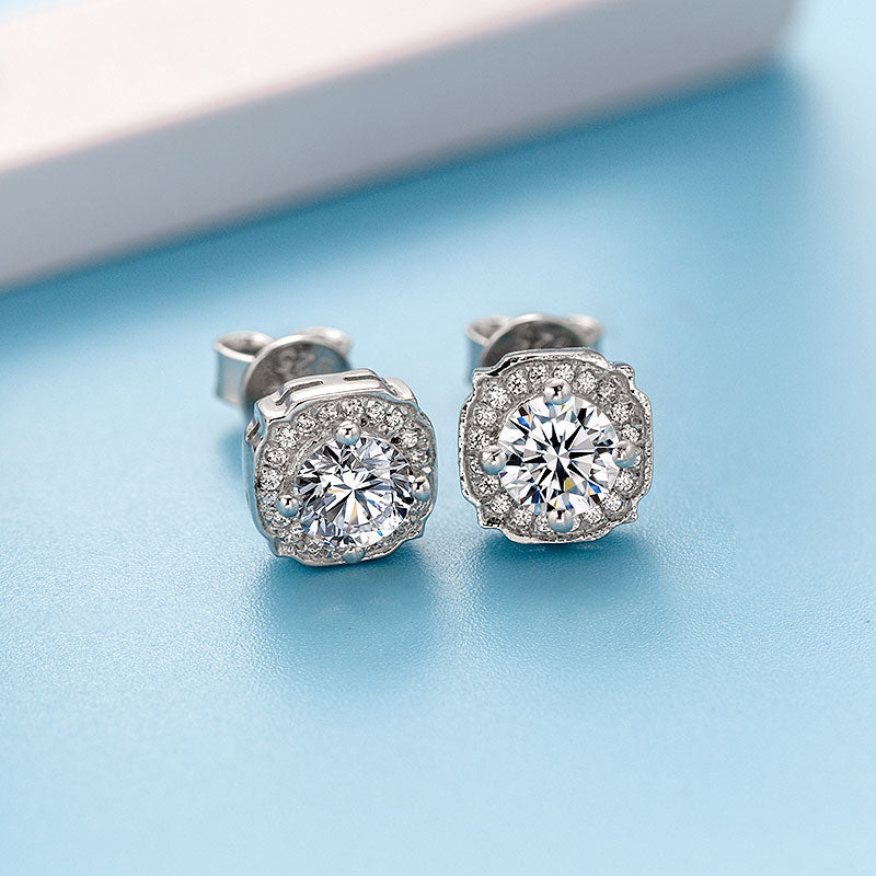 Floral Round Moissanite Halo Stud Earrings