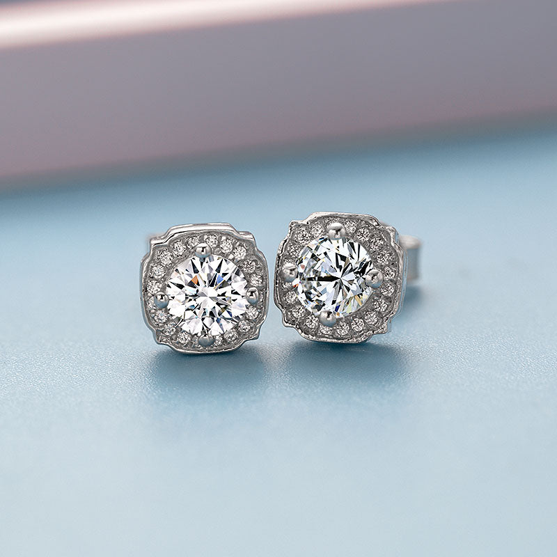 Floral Round Moissanite Halo Stud Earrings