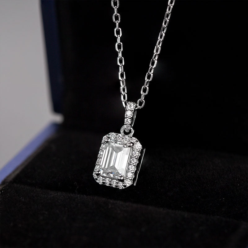 Emerald Cut 1/2CT 925 Sterling Silver Halo Moissanite Pendant Necklace