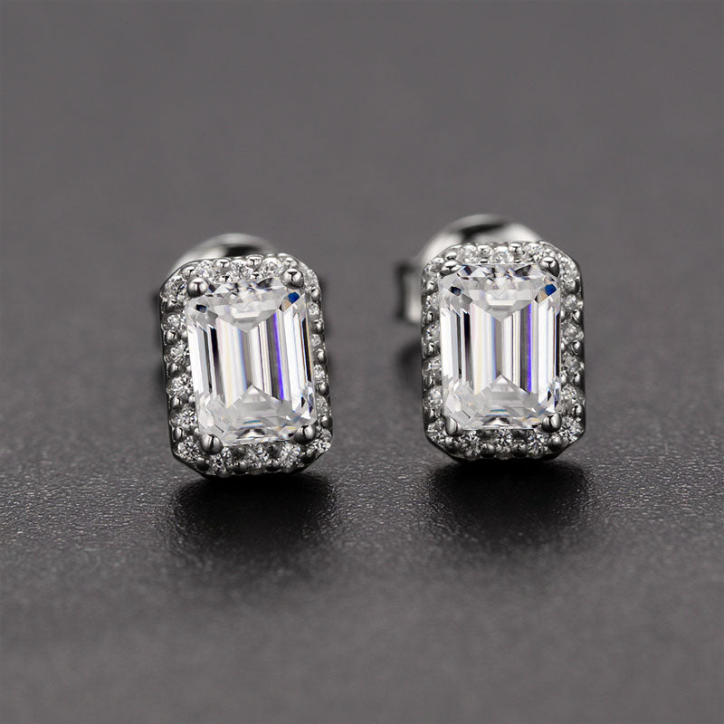 Emerald Cut Moissanite Halo Stud Earrings