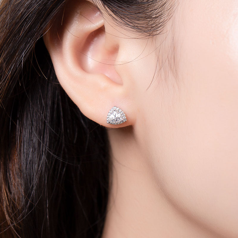 Trillion Cut Moissanite Halo Stud Earrings