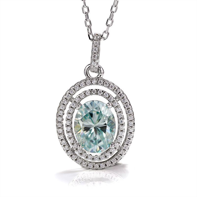 3CT Oval Shape Fancy Vivid Blue Moissanite S925 Sterling Silver Double Hollow Halo Pendant Necklace