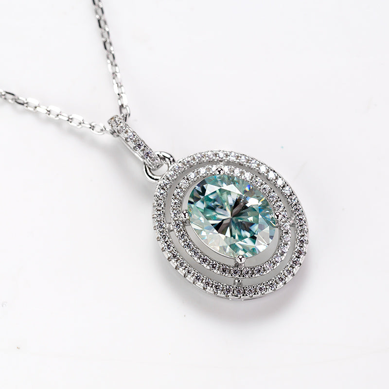 3CT Oval Shape Fancy Vivid Blue Moissanite S925 Sterling Silver Double Hollow Halo Pendant Necklace