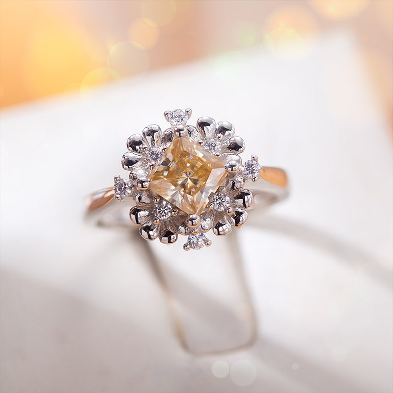 Floral Princess Square Cut Champagne Moissanite Ring