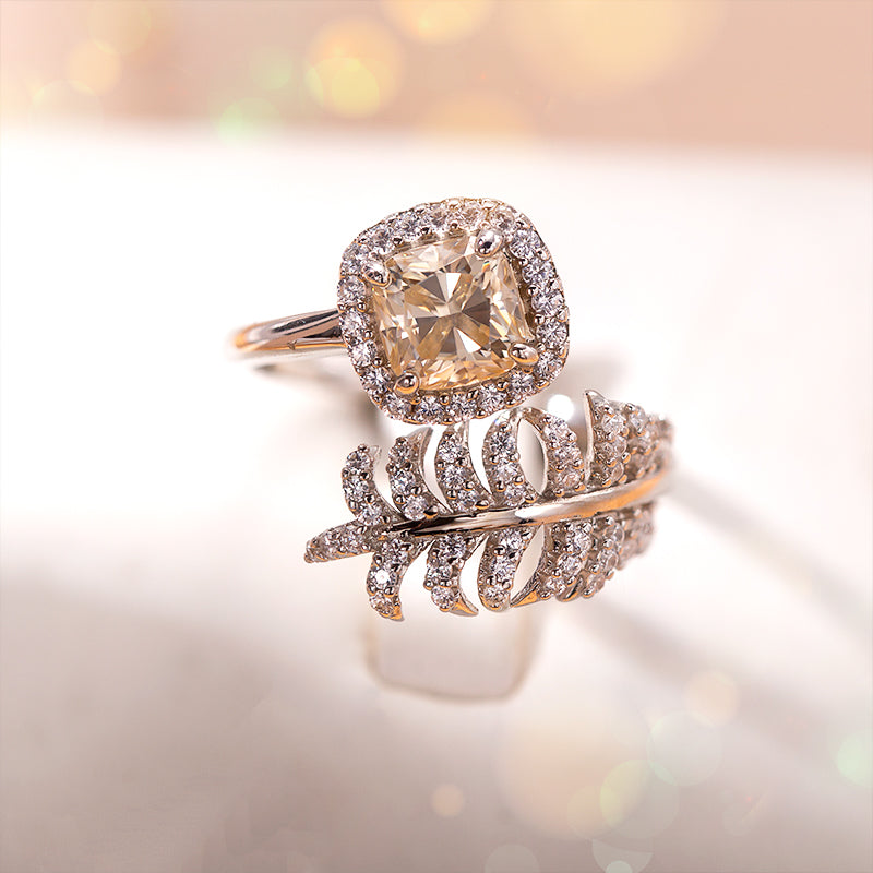 Feather Cushion Cut Champagne Moissanite Wrap Ring