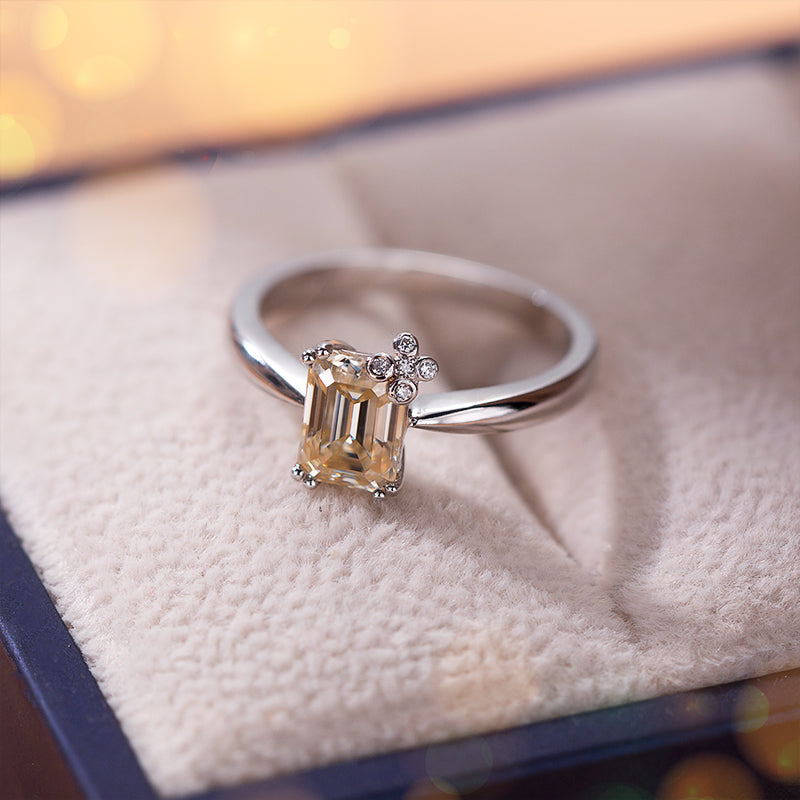 Flower Emerald Cut Moissanite Solitaire Ring