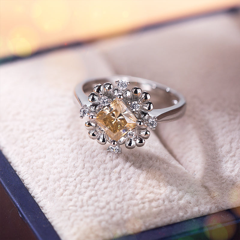 Floral Princess Square Cut Champagne Moissanite Ring