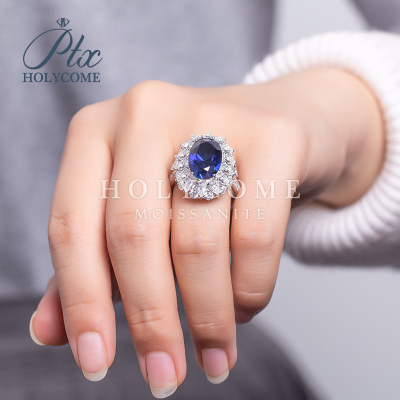 Oval Cut Lab Blue Sapphire Floral Ring