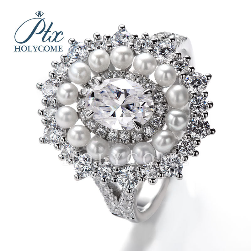 Oval Cut Halo Half Eterniry Pearl Moissanite Luxury Double Band Ring