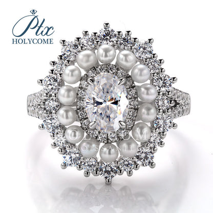 Oval Cut Halo Half Eterniry Pearl Moissanite Luxury Double Band Ring