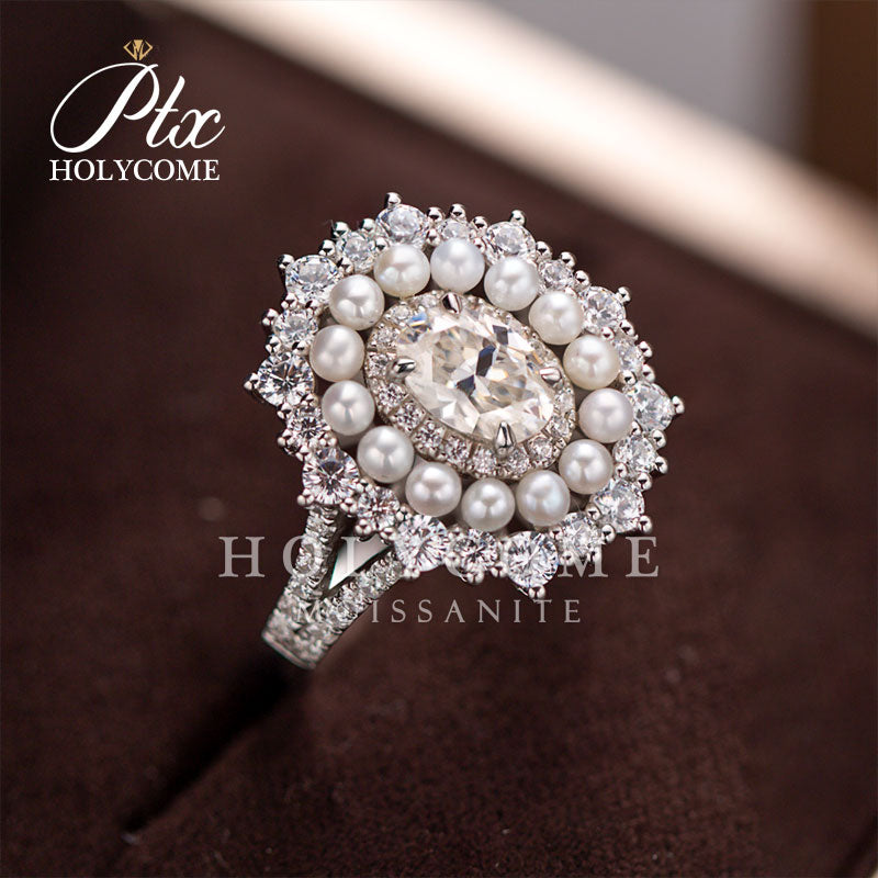 Oval Cut Halo Half Eterniry Pearl Moissanite Luxury Double Band Ring