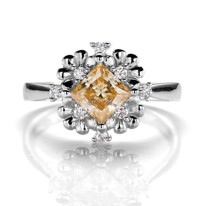 Floral Princess Square Cut Champagne Moissanite Ring