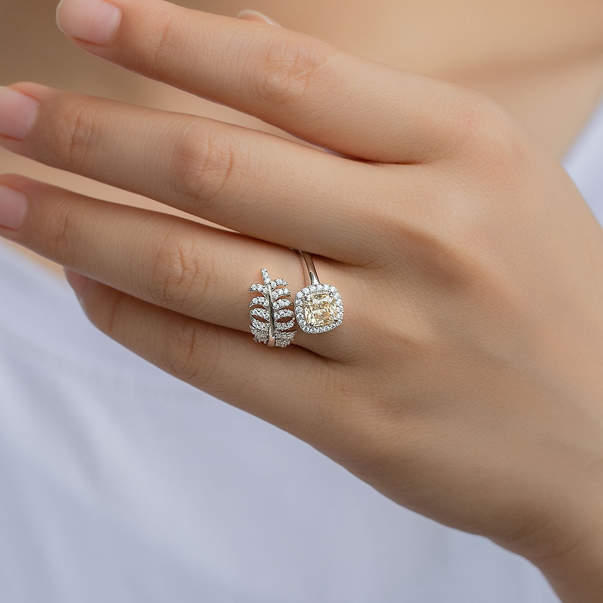 Feather Cushion Cut Champagne Moissanite Wrap Ring