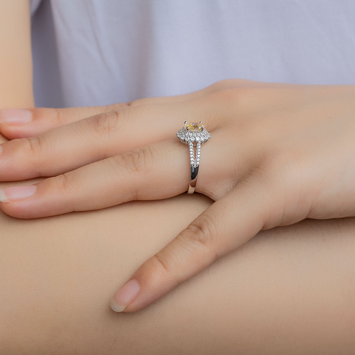 Floral Champagne Oval Moissanite Double-Band Ring