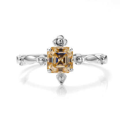 Flower Asscher Cut Champagne Moissanite Ring