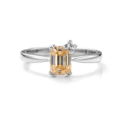 Flower Emerald Cut Moissanite Solitaire Ring