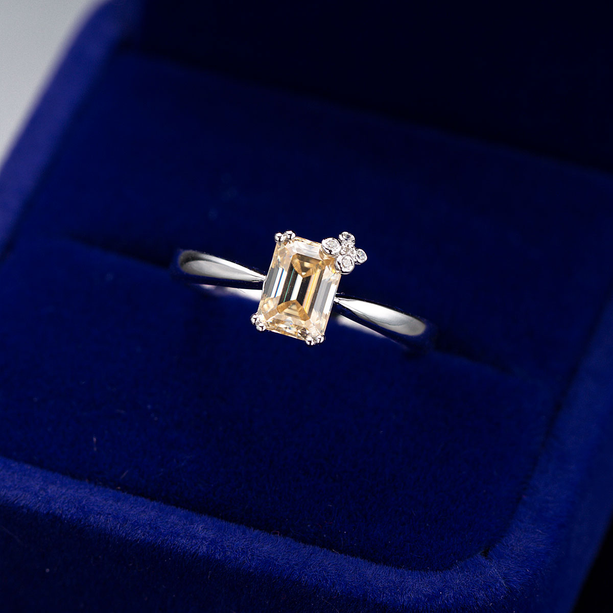 Flower Emerald Cut Moissanite Solitaire Ring