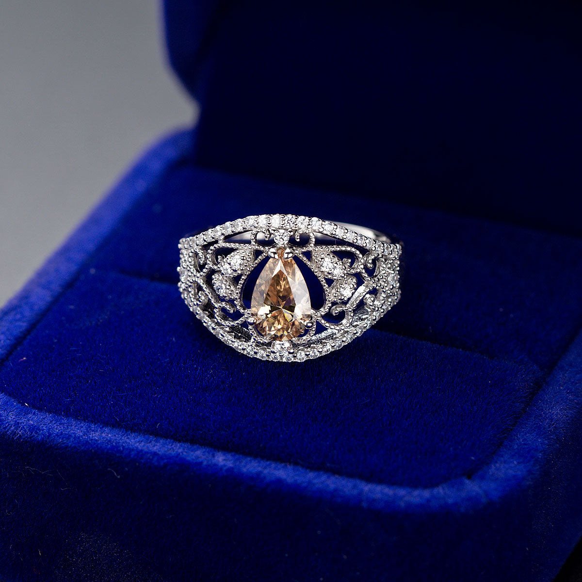 Vintage Pear Cut Champagne Moissanite Ring