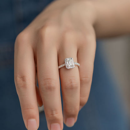 Emerald Cut Half-Eternity Halo Moissanite Ring