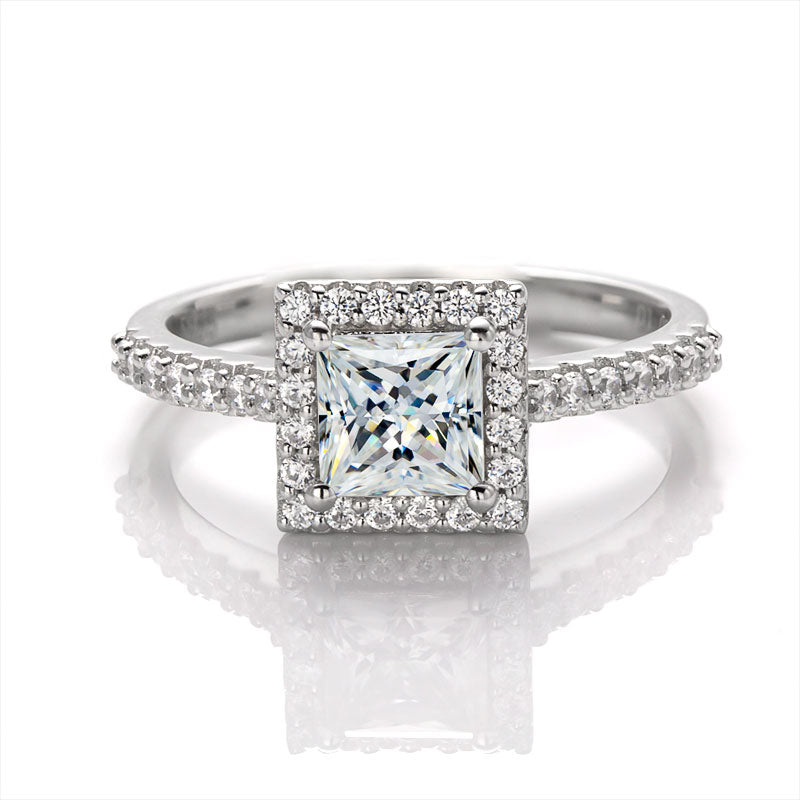 Princess Cut 1CT 925 Sterling Silver Half-Eternity Halo Moissanite Ring