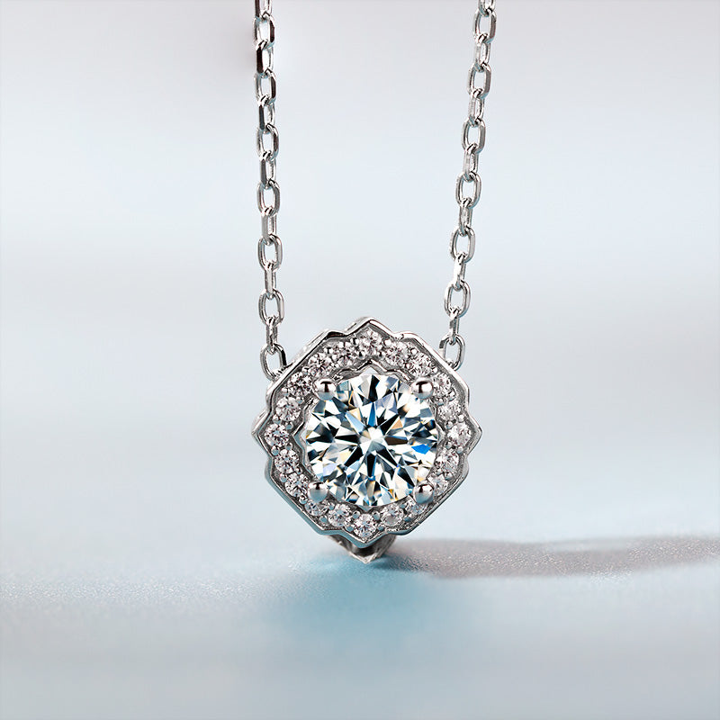 Floral Round Moissanite Halo Pendant Necklace