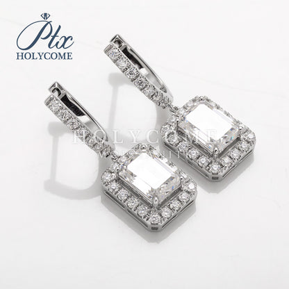 Emerald Cut Fancy Halo Dangler Hinged Moissanite Earrings