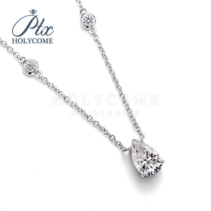 Pear Cut Station Drop Pendant with Round Bezel Settings Moissanite Necklace