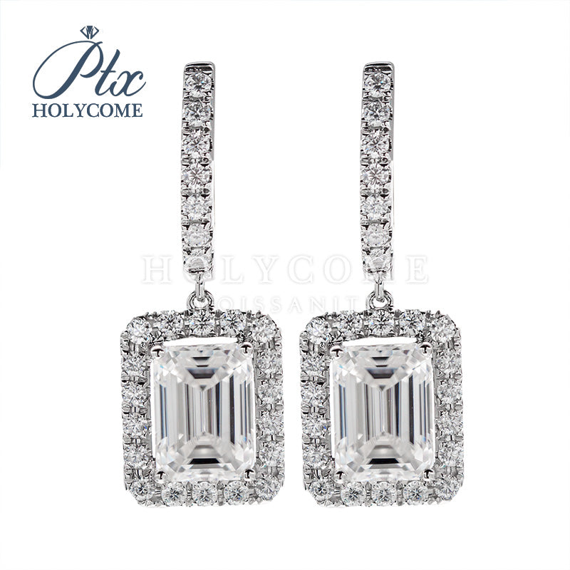 Emerald Cut Fancy Halo Dangler Hinged Moissanite Earrings