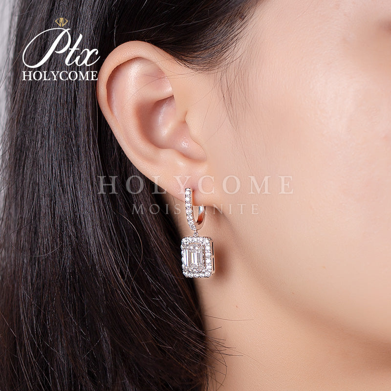 Emerald Cut Fancy Halo Dangler Hinged Moissanite Earrings