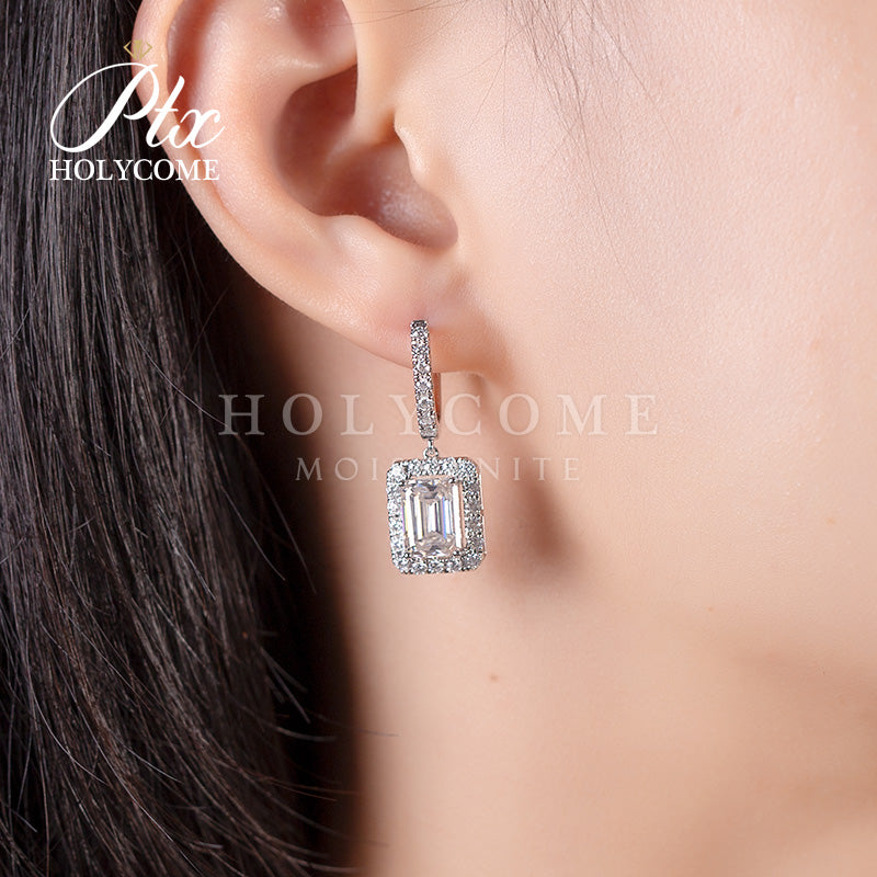 Emerald Cut Fancy Halo Dangler Hinged Moissanite Earrings