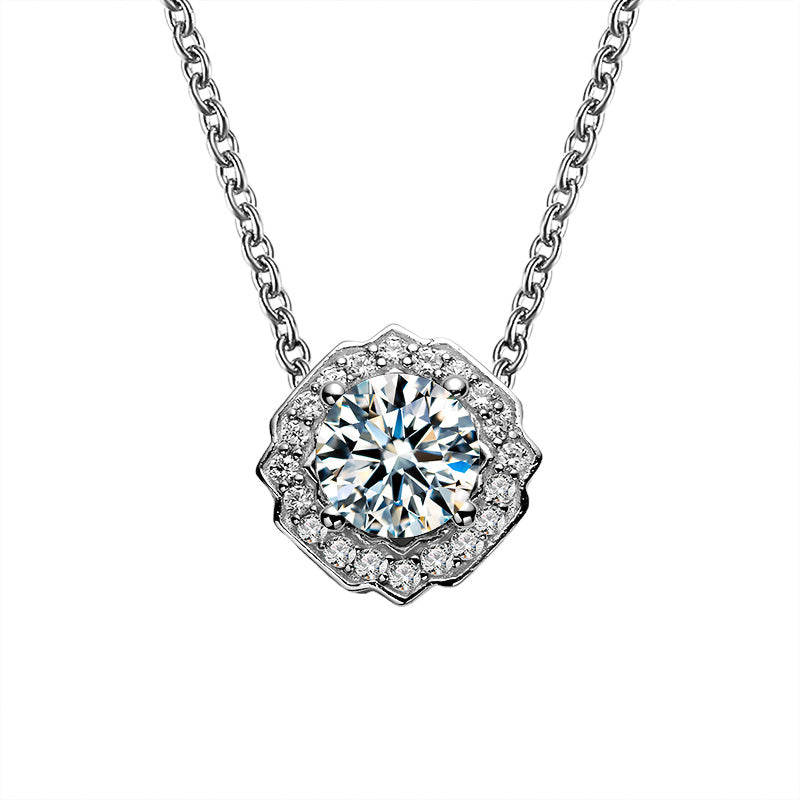 Floral Round Moissanite Halo Pendant Necklace