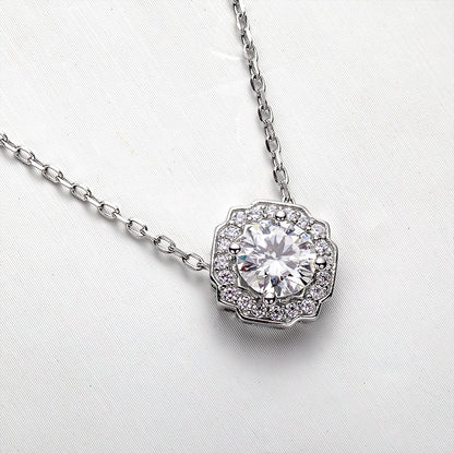 Floral Round Moissanite Halo Pendant Necklace