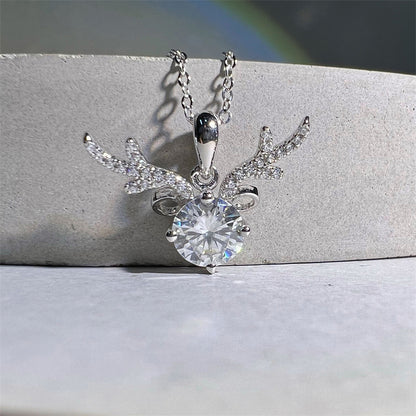 Elk Deer Shape S925 Sterling Silver 1CT Round  Moissanite Pendant Necklace