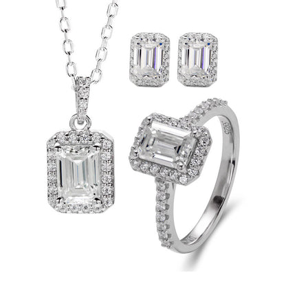 Emerald Cut Halo Moissanite Jewelry Set